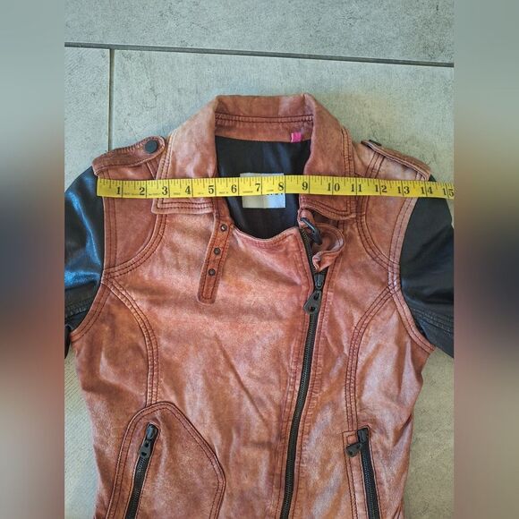 Doma Womens Leather Jacket Distressed Color Block 2 Tone Brown Black Moto Coat S - Picture 9 of 10